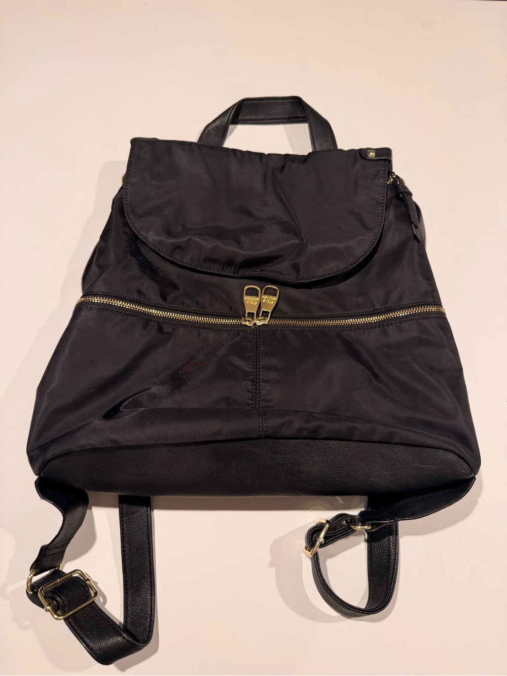 Steve Madden Bspencer Black Nylon Flap Backpack - Gold Hardware